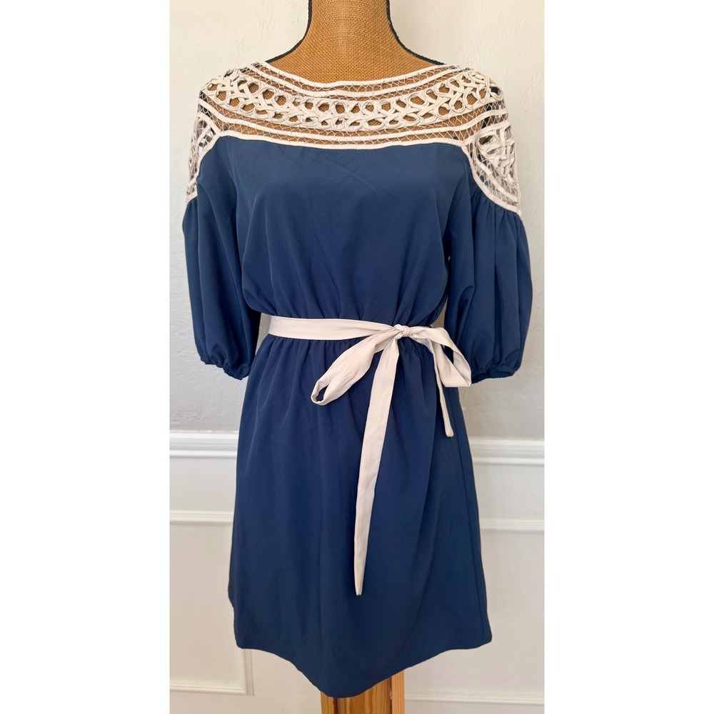 Esley Navy Blue Crochet Lace Yoke Mini Dress Puff Sleeve Belted Small